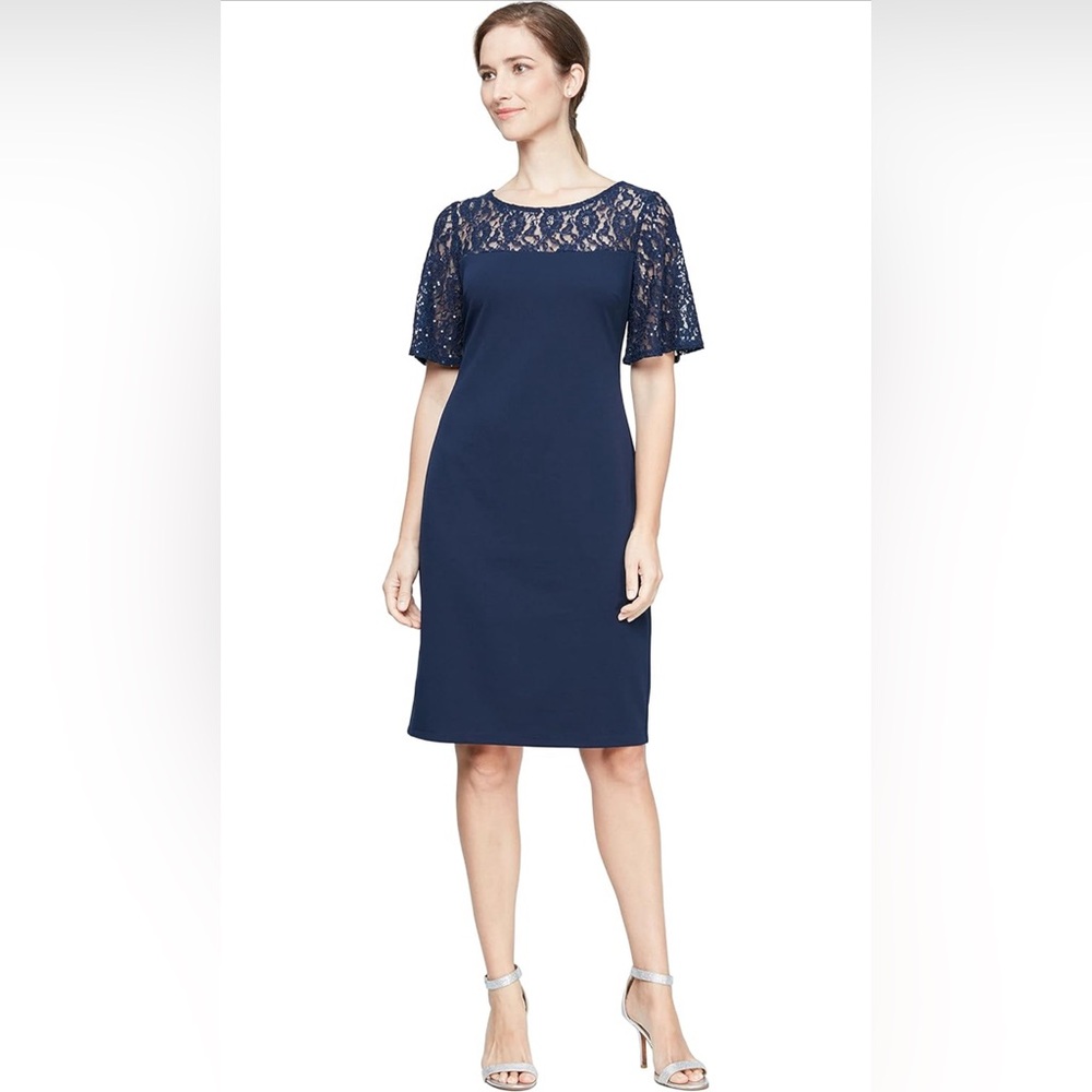 NEW S.L. Fashions Women's Petite Sequined Lace Short Sleeve Sheath Dress Navy 6P